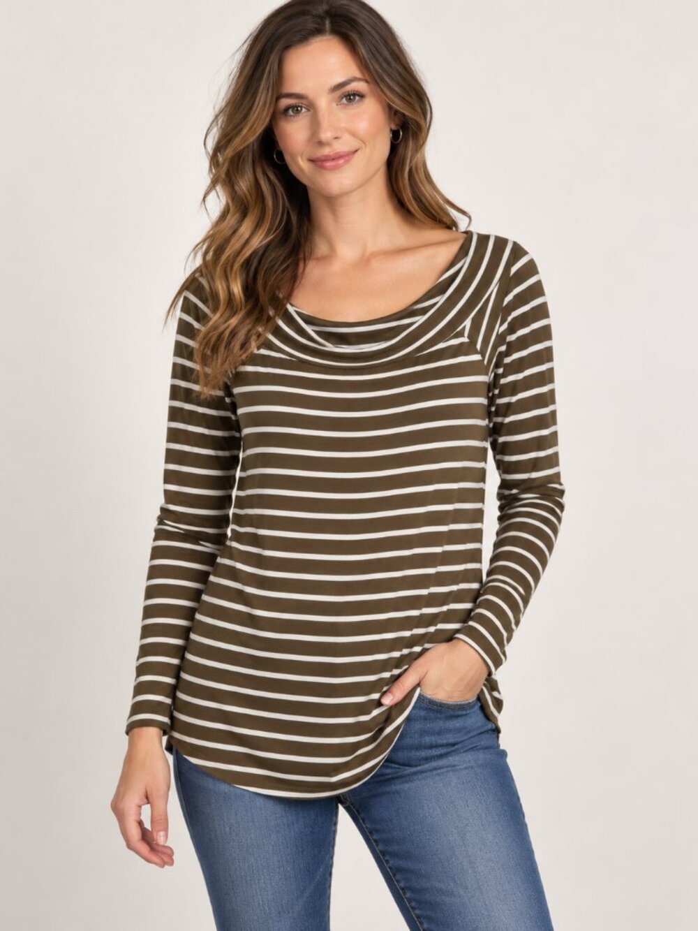 Marlow Women’s Medium Olive Green White Striped Draped Neck Long Sleeve Top